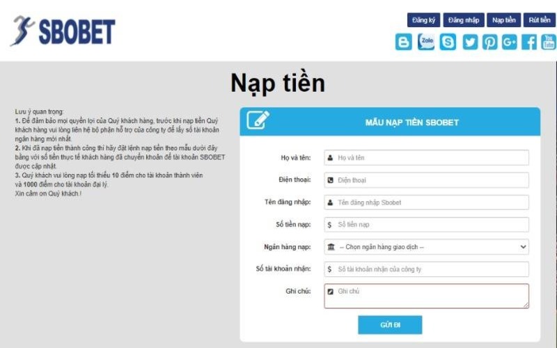 Những lưu ý quan trọng khi nạp tiền tại nhà cái Sbobet